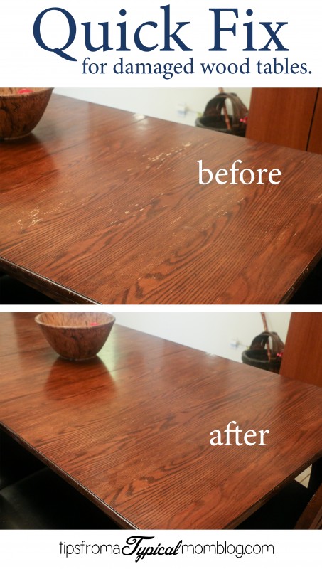 Quick Fix for damaged dining room wood tables before and after