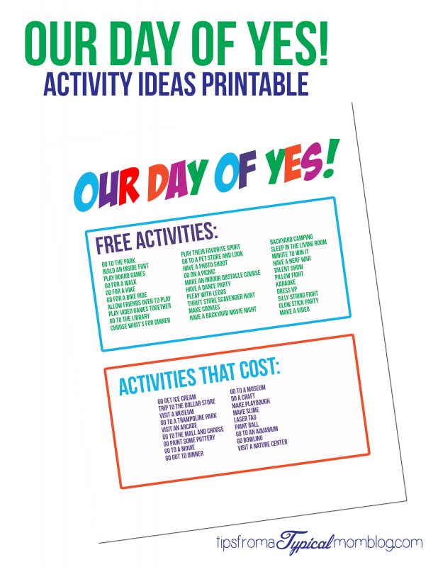 Our Day of Yes Activity Ideas Printables