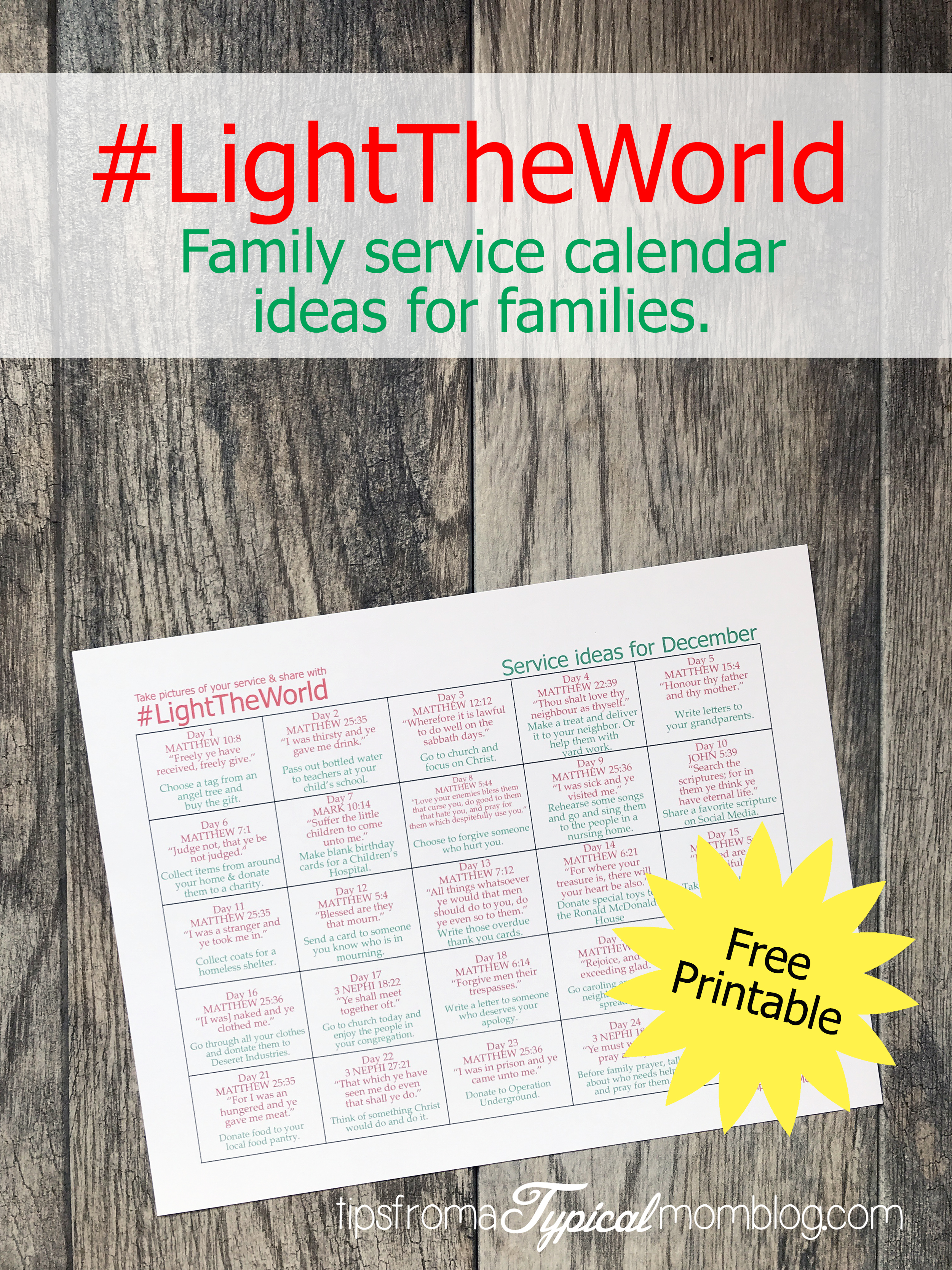 LightTheWorld Service Ideas Calendar Printable- How to Keep Christ in  Christmas - Tips from a Typical Mom