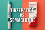Comparison graphic showing tirzepatide (Zepbound) vs. semaglutide (Ozempic/Wegovy) with visuals of injection pens and health icons