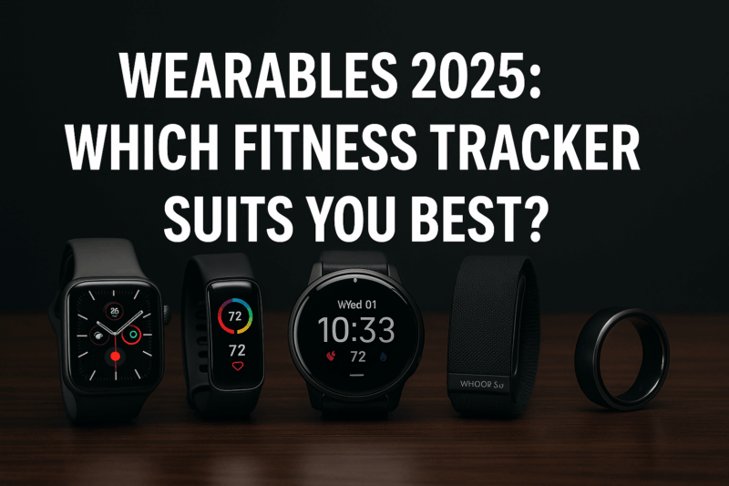 Comparison of Apple Watch Series X, Fitbit Charge 6, Garmin Venu 3, WHOOP 5.0, and Oura Ring 4 fitness trackers on a wooden table.