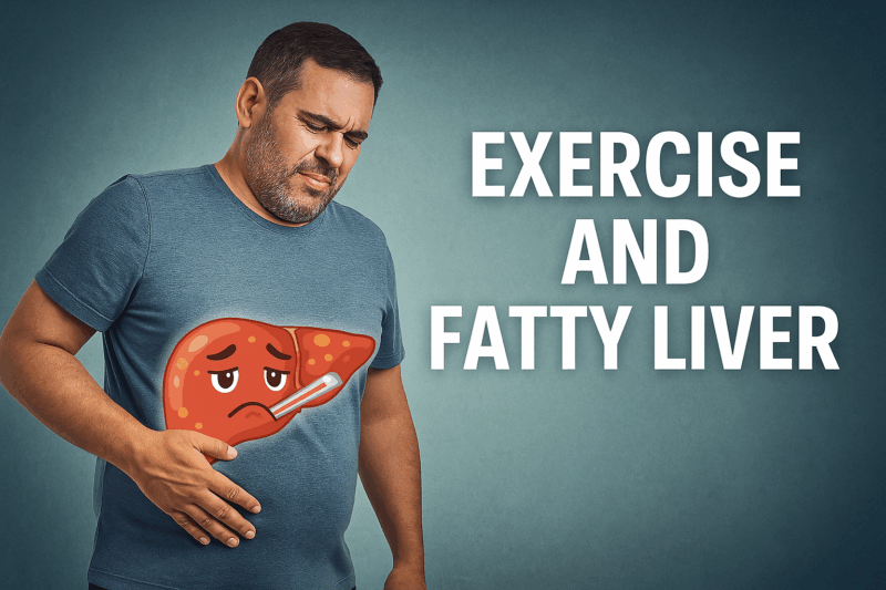 Illustration of overweight man with an animated sick liver holding a thermometer, representing fatty liver disease awareness and reversal through fitness