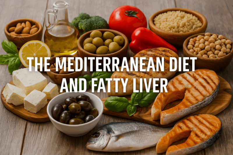 A colorful Mediterranean diet meal with grilled chicken, fish, cheese, olives, fresh vegetables, and whole grains arranged on a table.